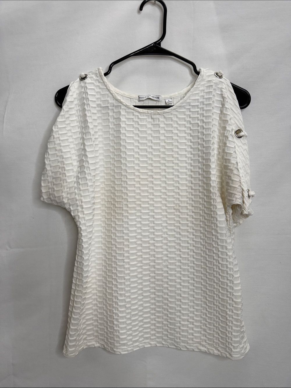 Notations Cream Textured Short Sleeve Blouse with Button Accents